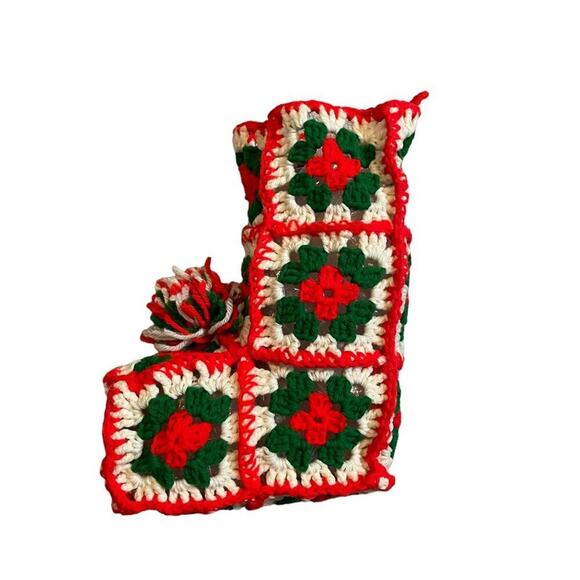 Vintage Christmas crochet granny square hand made stocking red green white - Picture 1 of 7